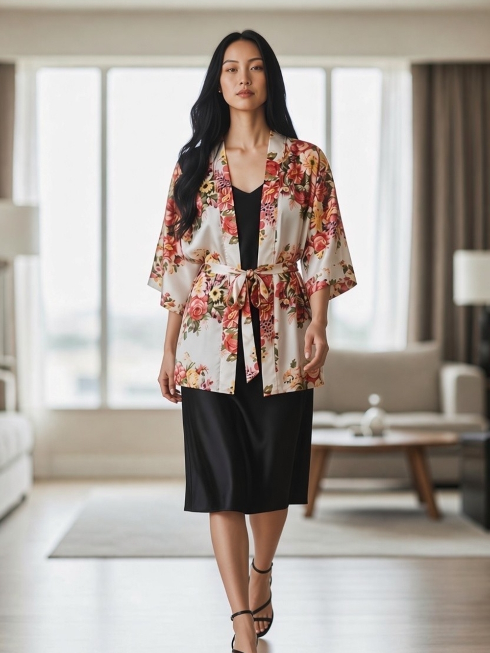 Floral Short Satin Kimono Wrap in Cream and Rose Without Tie Misses Size M/L